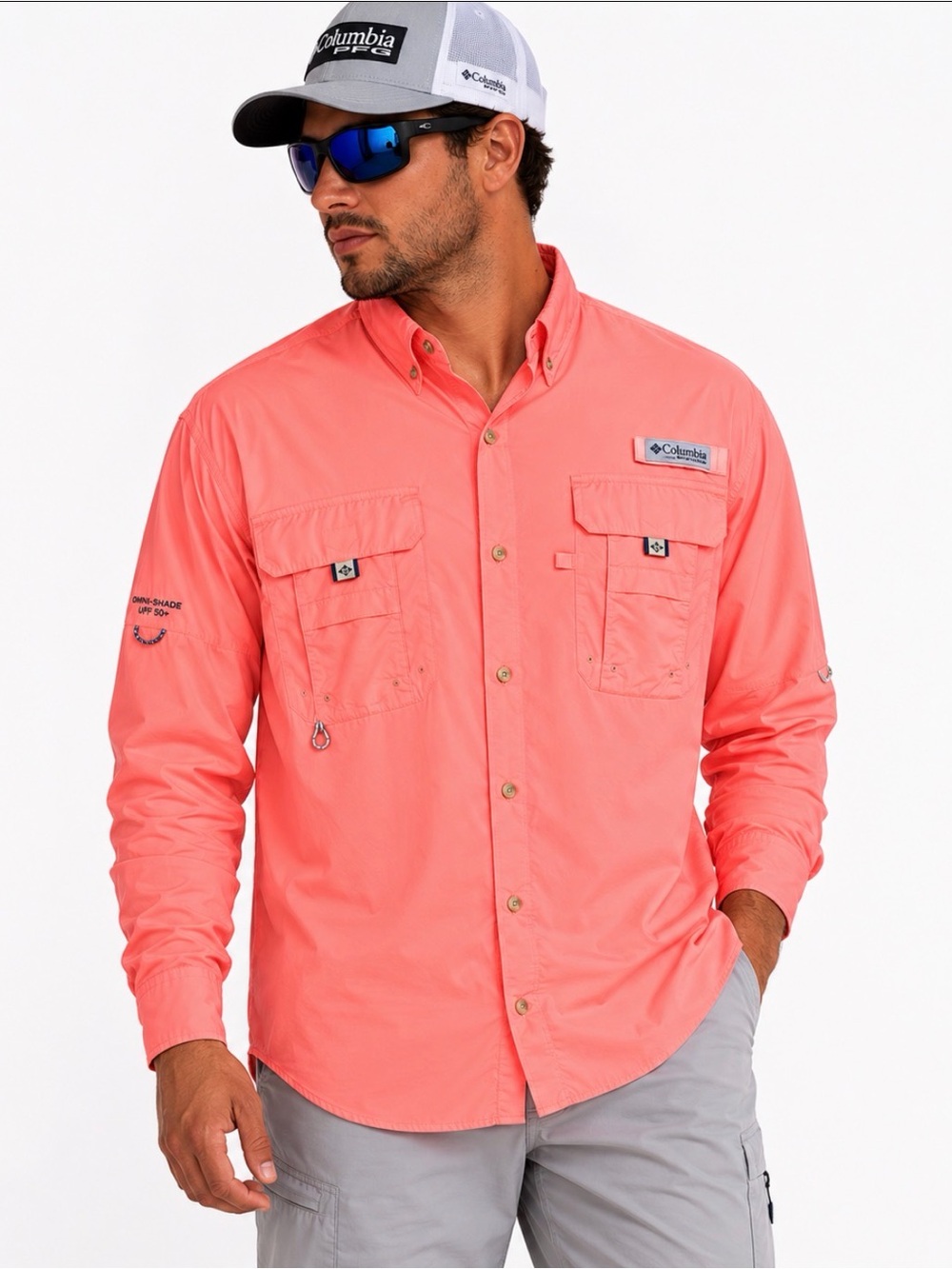Columbia PFG Omni-Shade Men’s Fishing Shirt Coral Pink Long Sleeve Size L